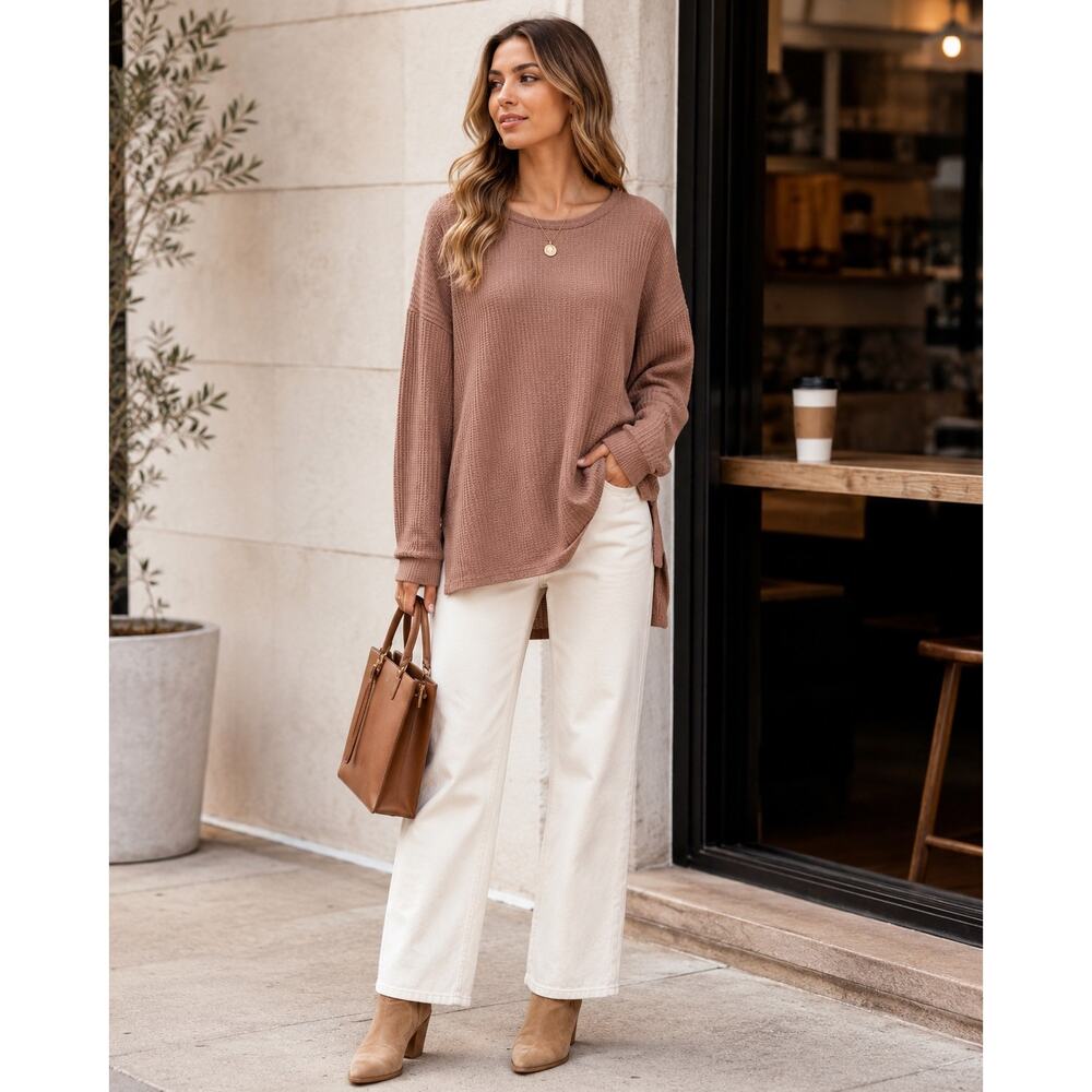 Zenana Waffle Knit Thermal‎ Top Womens Large Mauve Tan Oversized Side Slit Tunic